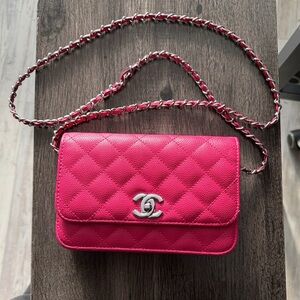 Designer Inspired Pink Quilted Leather Crossbody Bag